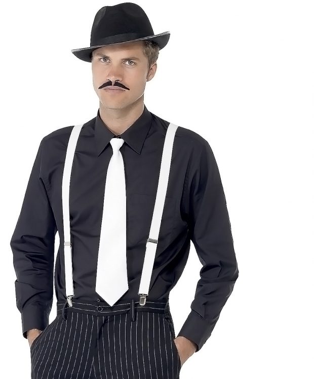 black dress shirt with white suspenders