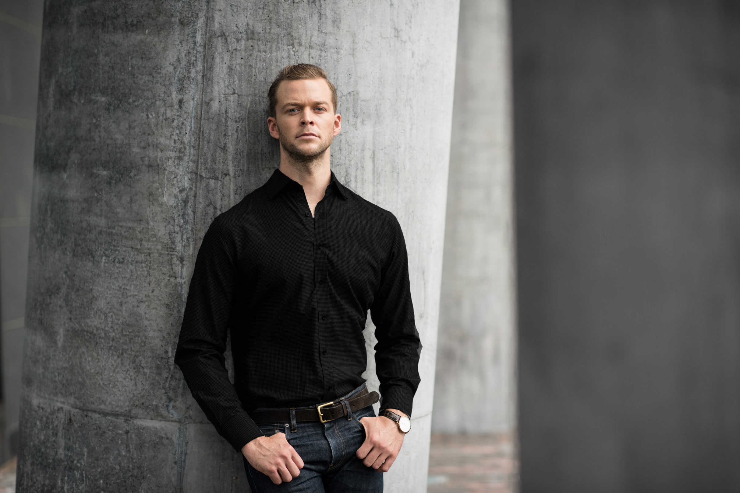 mens black dress shirt with dark denim