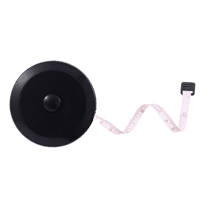Flexible measuring tape with black case and white ruler for accurate body measurements and tailoring.