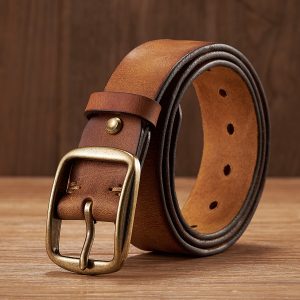 Genuine leather men's belt with brass buckle, stylish and durable, perfect for casual or formal wear, adjustable for comfortable fit.