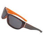 Sunglasses with dark lenses and wooden frame featuring orange accents for outdoor UV protection and stylish accessory.