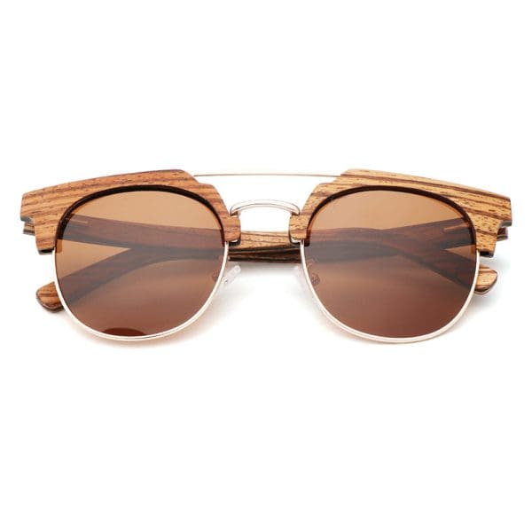 Sunglasses with wooden frames and tinted lenses, stylish and eco-friendly accessory.