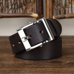 Genuine black leather belt with a polished silver buckle, stylish and durable for everyday wear.