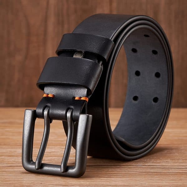 High-quality black leather belt with metal buckle, designed for men's fashion and accessories. Durable and stylish, perfect for casual or formal wear.