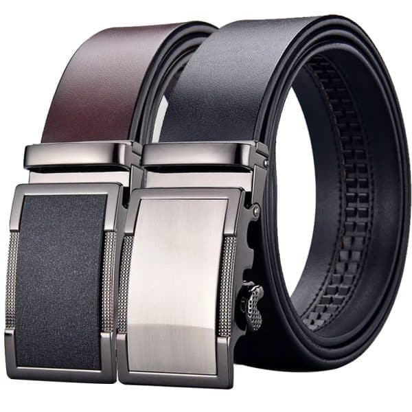Luxurious men's leather belts with sleek metallic buckles, suitable for formal and casual wear, showcasing quality craftsmanship and stylish design.