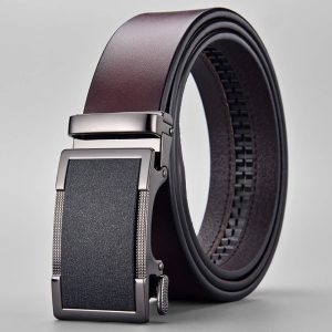 Luxurious men's belt with a sleek metallic buckle and genuine leather strap, perfect for formal or casual wear, crafted for durability and style.