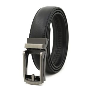 Premium black leather belt with a sophisticated stainless steel buckle, ideal for formal and casual wear, crafted for durability and style.