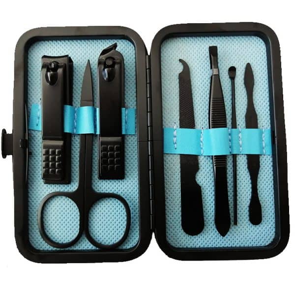 Surgical nail and cuticle care kit with multiple precision tools in a compact case for manicure and pedicure hygiene.
