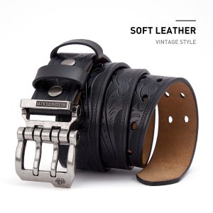 Genuine leather belt with intricate floral embossed pattern and durable metal buckle, perfect for vintage fashion and casual wear. Crafted with soft leather for comfort and style.