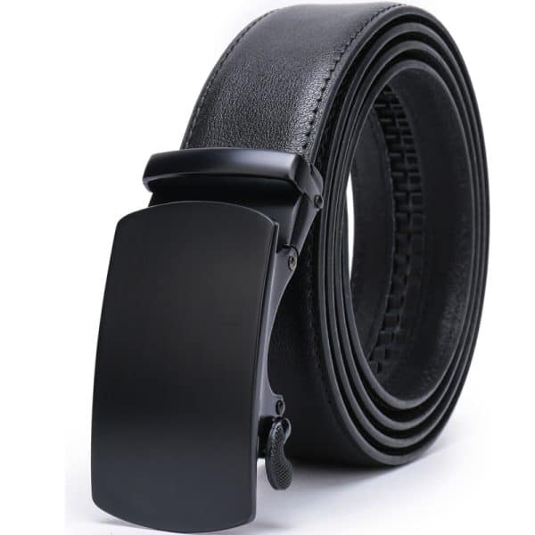 Belt with automatic buckle, men's black leather belt, stylish and durable menswear accessory, perfect for professional attire and casual outfits, high-quality craftsmanship on display at DeoVeritas.