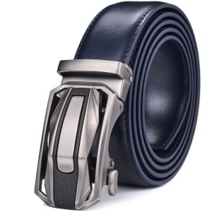 Luxury men's leather belt with a modern stainless steel buckle, ideal for formal and casual wear, exhibiting durability and style.