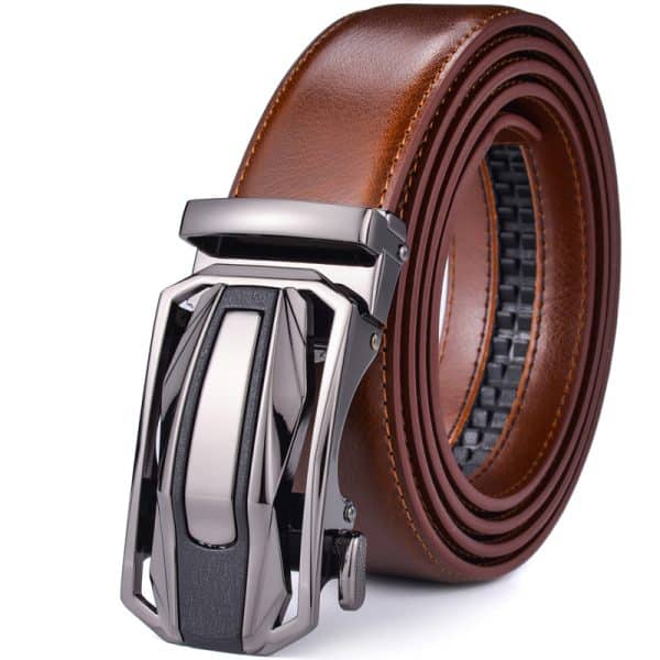 Luxurious men's brown leather belt with a sleek stainless steel automatic buckle, perfect for business or casual wear, combining style and durability.