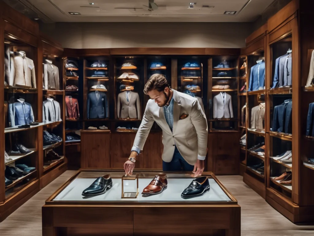 a man looking at shoes on a display