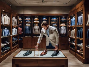 a man looking at shoes on a display