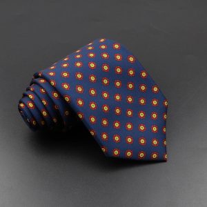 Colorful men's patterned silk tie with small floral designs on a dark background, perfect for business or formal occasions.