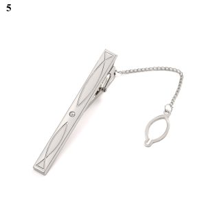 Elegant tie clip with a sleek silver finish, embedded with a small crystal for a touch of sophistication, featuring a secure chain and convenient clip design.