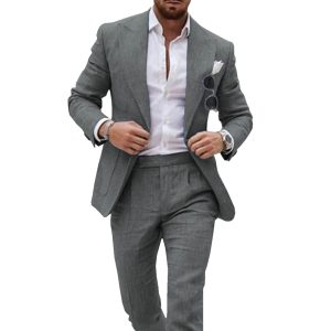 A sleek man in a stylish gray suit with a white shirt, accessorized with sunglasses, watch, and bracelets, presenting a confident, modern look perfect for professional or fashion-forward settings.