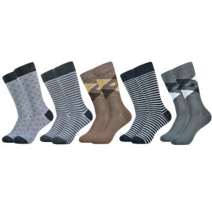 High-quality men's dress socks featuring various patterns including stripes and argyle in neutral colors, perfect for stylish and comfortable everyday wear.