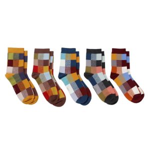 Multicolored geometric pattern socks with vibrant squares and rectangles, perfect for fashion and comfort.