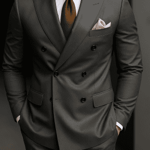 Luxury men's tailored suit for business or formal occasions, stylish double-breasted design, brown tie, white shirt, elegant pocket square, high-quality formal wear.