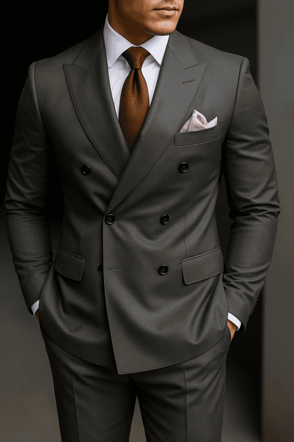 Luxury men's tailored suit for business or formal occasions, stylish double-breasted design, brown tie, white shirt, elegant pocket square, high-quality formal wear.