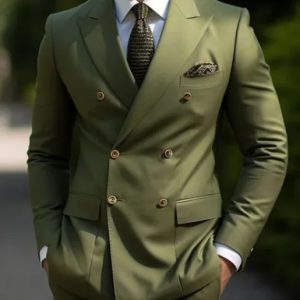Luxurious men’s double-breasted olive green suit with tailored fit, stylish lapels, and pocket square, ideal for formal events, business meetings, or special occasions.