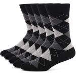 Argyle patterned men's dress socks in black, grey, and white, perfect for formal or casual wear, made from comfortable, high-quality material.