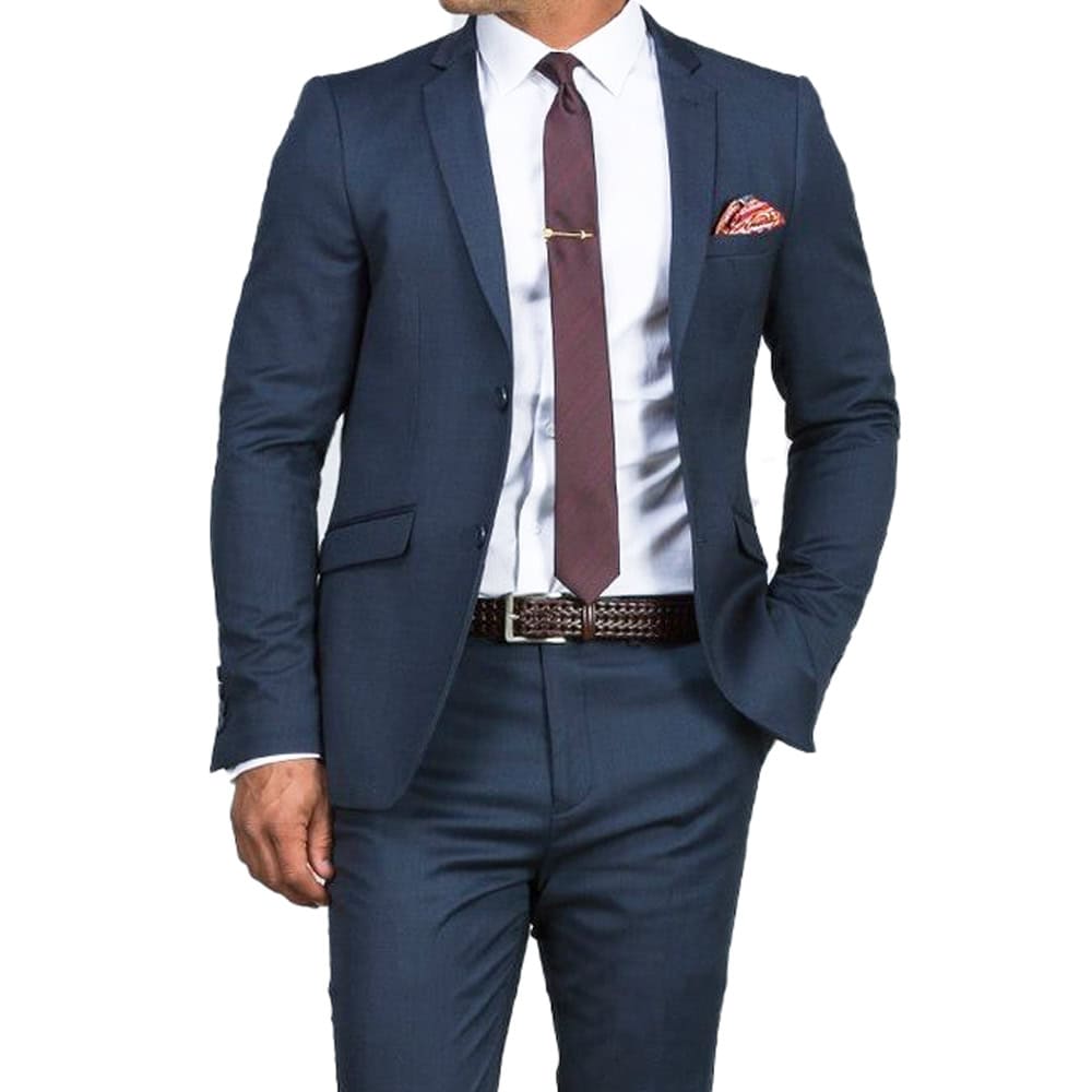 Elegant men's navy suit with white dress shirt, burgundy tie, and pocket square for formal occasions or business attire. Perfect for professional and stylish look.