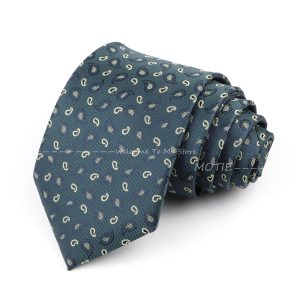 Mens blue patterned necktie with paisley design for formal attire and professional style.