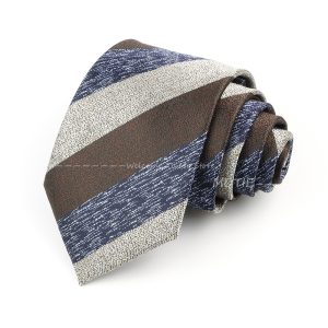 Striped men's silk tie with navy, beige, and brown tones, perfect for formal occasions and professional attire for men.