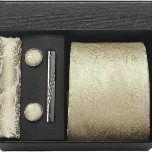 Luxurious gold-tone men's accessories gift set including a tie, cufflinks, money clip, and wallet, all featuring intricate embossed patterns, presented in an elegant black box for special occasions.