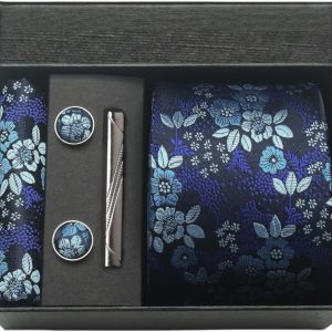 Elegant floral-patterned tie, cufflinks, tie clip, and pocket square set in black gift box, perfect for men's formal accessories, featuring blue and white floral design for stylish occasions.