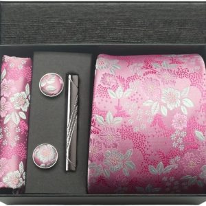 Elegant pink floral men's accessory set including tie, cufflinks, tie clip, and wallet, perfect for formal occasions and gifting.