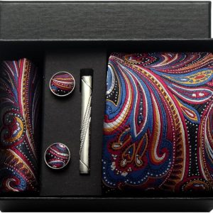 Elegant men's gift set with patterned tie, cufflinks, tie clip, and pocket square in vibrant paisley design, perfect for stylish accessories and formal occasions.
