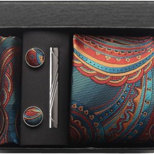 Elegant men's accessory set featuring a paisley-patterned silk pocket square, tie clip, and cufflinks with intricate design, perfect for formal occasions, showcasing luxury and style.