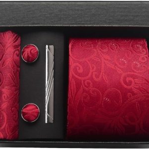 Elegant red tie, matching pocket square, stylish collar clip, and cufflinks set from DeoVeritas, perfect for formal occasions and gift-giving. Crafted with high-quality materials for a sophisticated look.