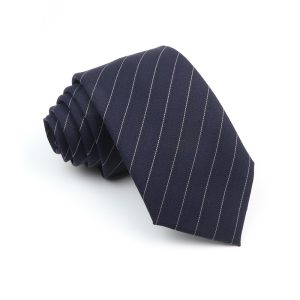Polished navy blue men's dress tie with white pinstripes, folded neatly on a white background. Perfect accessory for business and formal occasions, showcasing classic elegance and sophisticated style.