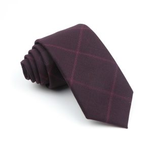 Dark purple men's necktie with subtle pink windowpane check pattern, neatly rolled on a white background, perfect for formal business attire and elegant occasions.