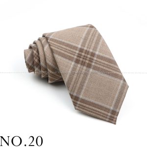 Soft beige plaid men's necktie with classic checkered pattern for formal and professional wear.