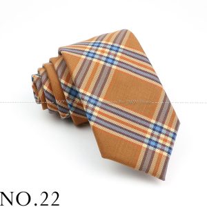 Vivid orange plaid men's necktie with blue, beige, and gray stripes for formal or professional attire. Perfect for adding a stylish touch to business outfits and special occasions.