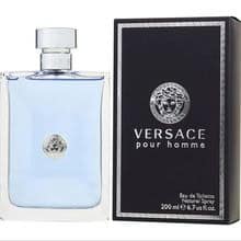 Versace Pour Homme fragrance bottle with sleek black packaging, ideal for men’s luxury scent, fresh citrus and woody notes, perfect for sophisticated grooming.