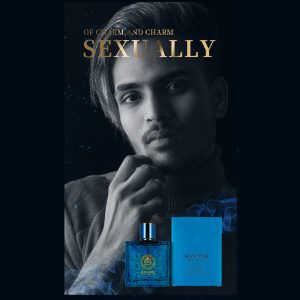 Seductive male model with sophisticated cologne bottle, emphasizing charm, allure, and sensuality in fragrance promotion for DeoVeritas.