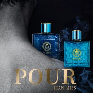 Luxury blue Jean Miss perfume bottles with gold accents, surrounded by wisps of smoke, on a sleek dark background, emphasizing elegance, sophistication, and high-quality fragrance.