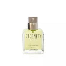A sleek, elegant bottle of Eternity by Calvin Klein perfume with a modern design and a gold cap, perfect for sophisticated fragrances.