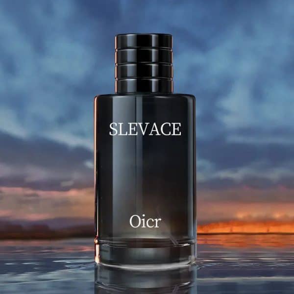 Dark bottle of Slevice Oicr cologne or perfume against sunset sky, minimalistic design, luxury fragrance, men's grooming, premium scent, stylish packaging, elegant and bold, outdoor setting, high-quality image, Deoveritas branding.