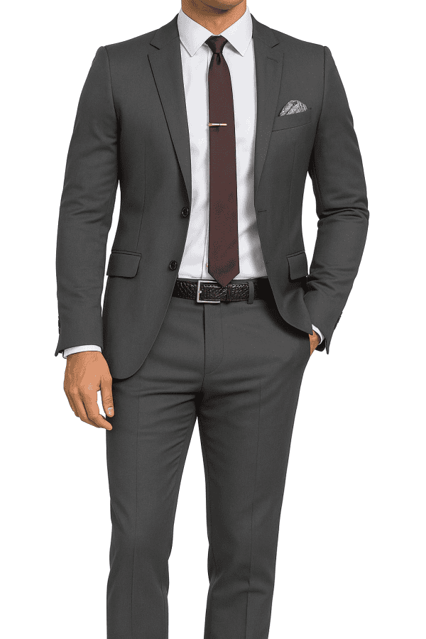 Elegant men's suit with a dark gray blazer, white dress shirt, and maroon tie, showcasing professional formalwear for business or special occasions.