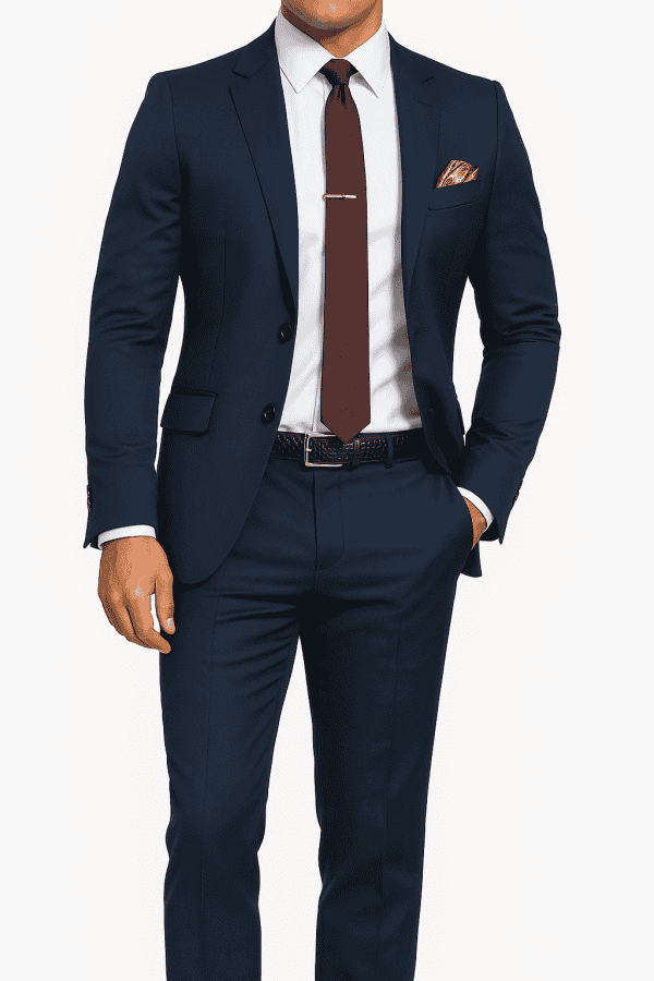 Elegant men's navy blue suit with white dress shirt, maroon tie, and pocket square, perfect for business or formal occasions.