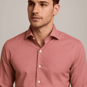 Luxurious men's pink dress shirt, tailored fit, stylish and comfortable, perfect for formal occasions or professional settings, available at DeoVeritas.