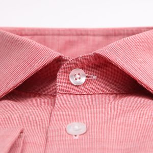 Premium red and white micro-checkered dress shirt with a classic collar, featuring high-quality fabric and durable white buttons, perfect for formal or business wear.