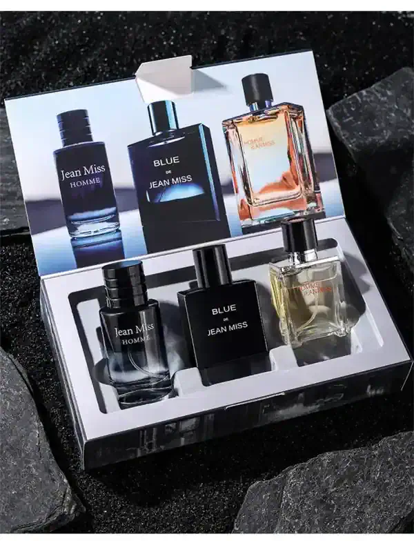 Luxury men’s cologne gift set, DeoVeritas branded perfume collection with Jean Miss, Homme, and Blue fragrances, elegant gift box packaging, perfect for special occasions and stylish grooming accessories.